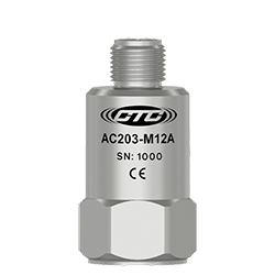 A render of a CTC AC203-M12A stainless steel, standard size, top exit industrial accelerometer.